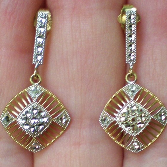 Vintage 10K Two Tone Yellow White Gold Diamond Cut Dangle...